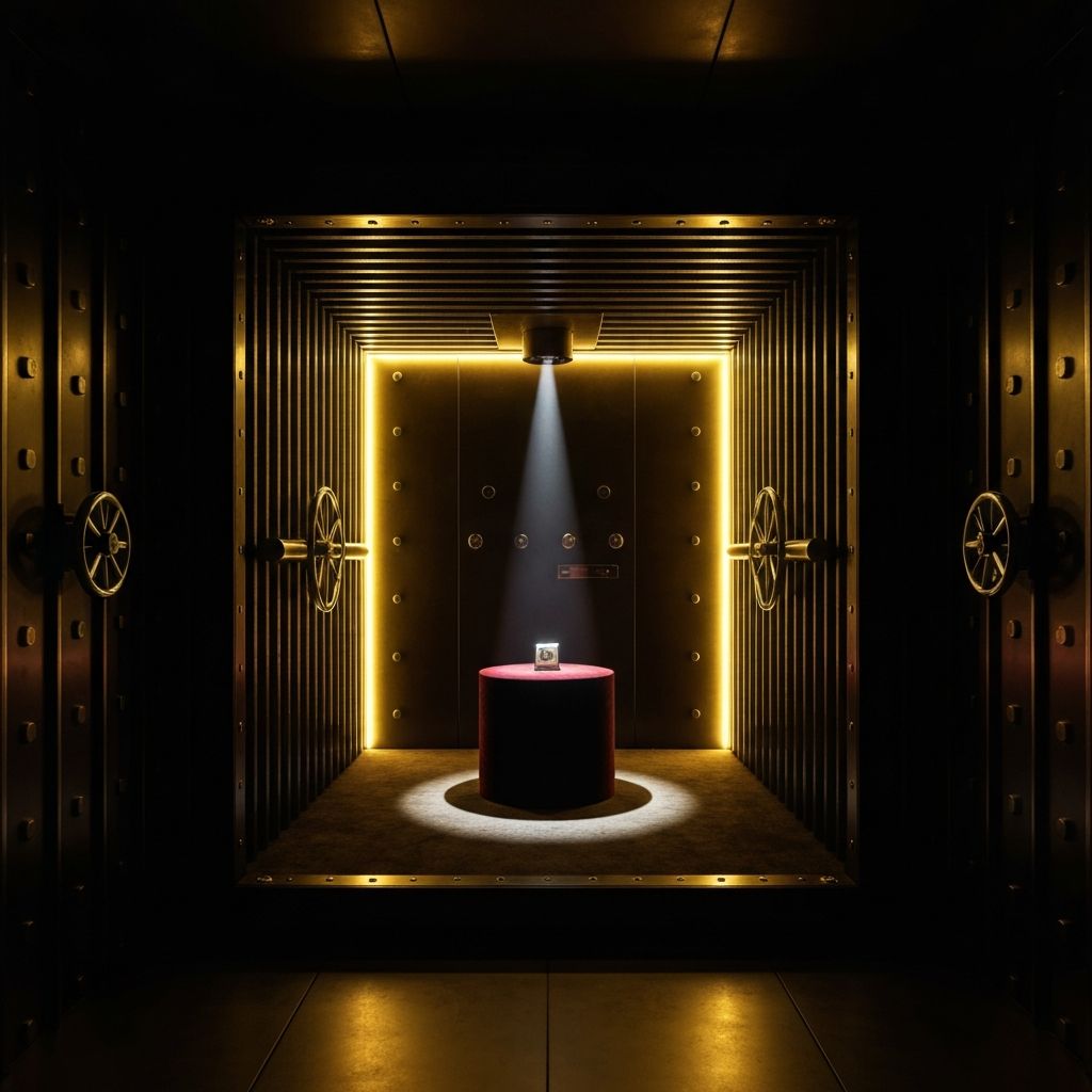 Institutional vault interior with dramatic golden lighting